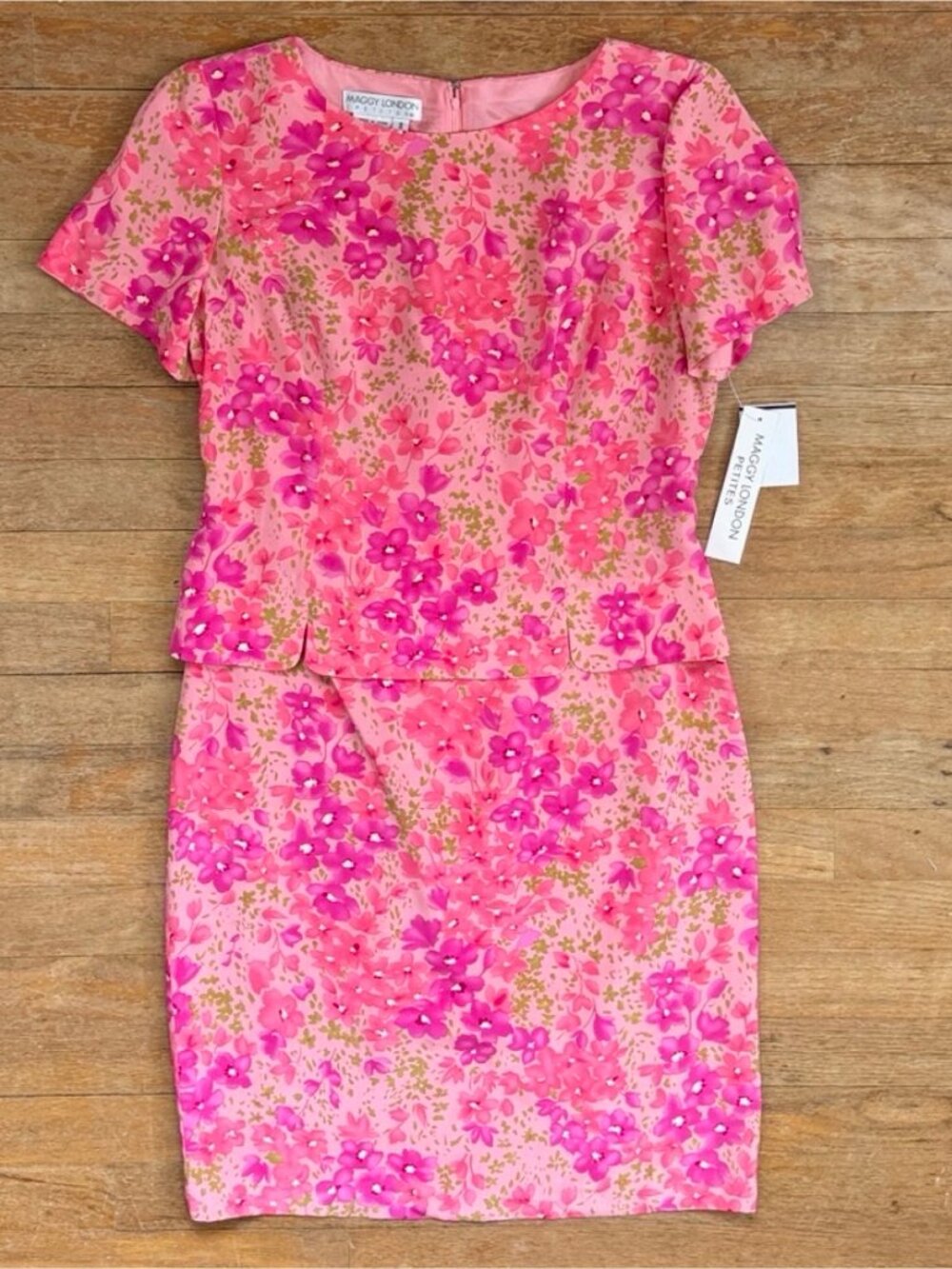 Vintage Pink Floral Silk Dress 90s Maggy London Sheath Frock Short Sleeve Preppy